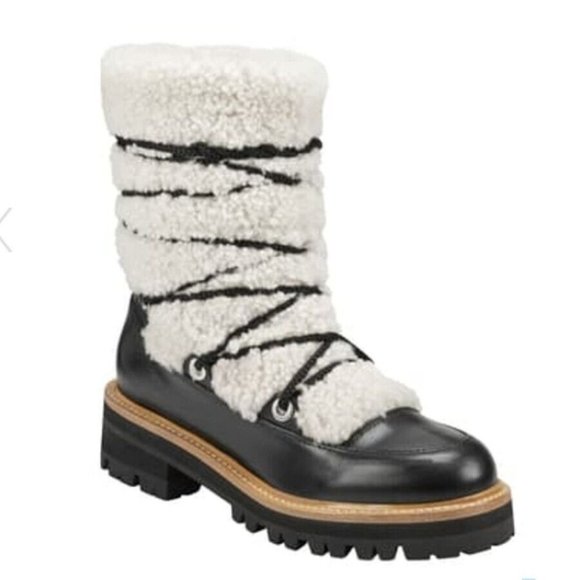 New! Marc Fisher Mlisha Snow Boots Black Leather Genuine Shearling 9 M DD362 - Picture 1 of 7